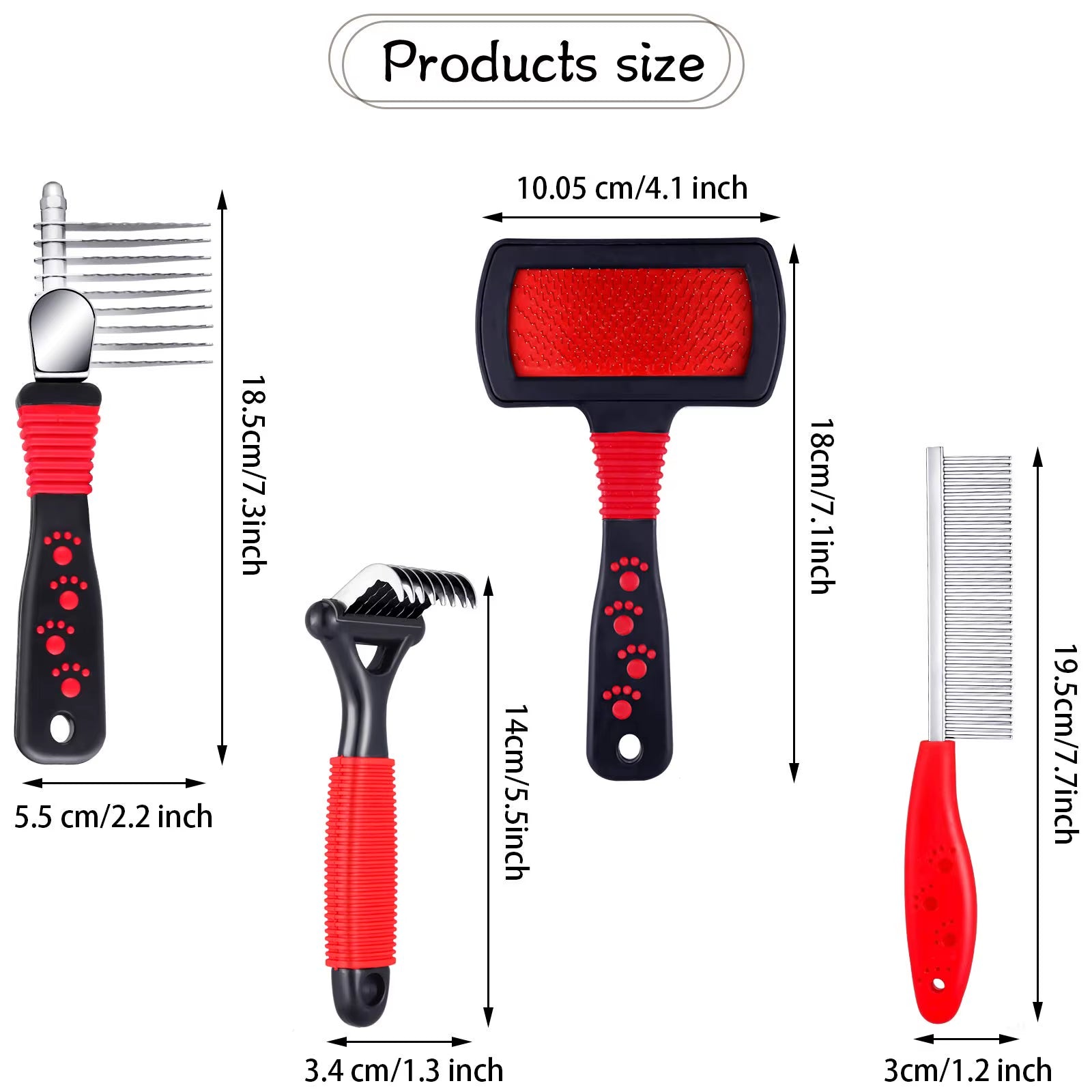 Our 4 set pet comb & brush pack  comes in many different ergonomic sizes