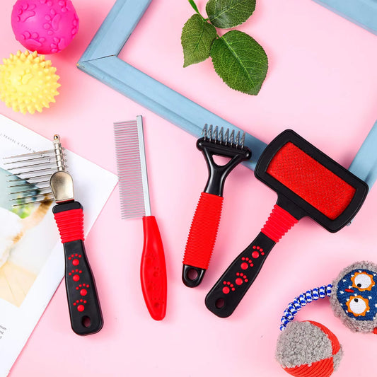 The pack includes a Paddle brush, Hair removal comb, Cleaning rake brush & a Steel comb