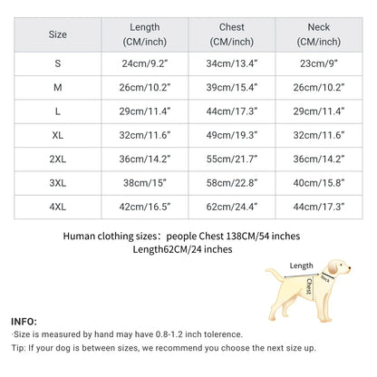 Pet & owner hoodie set size chart