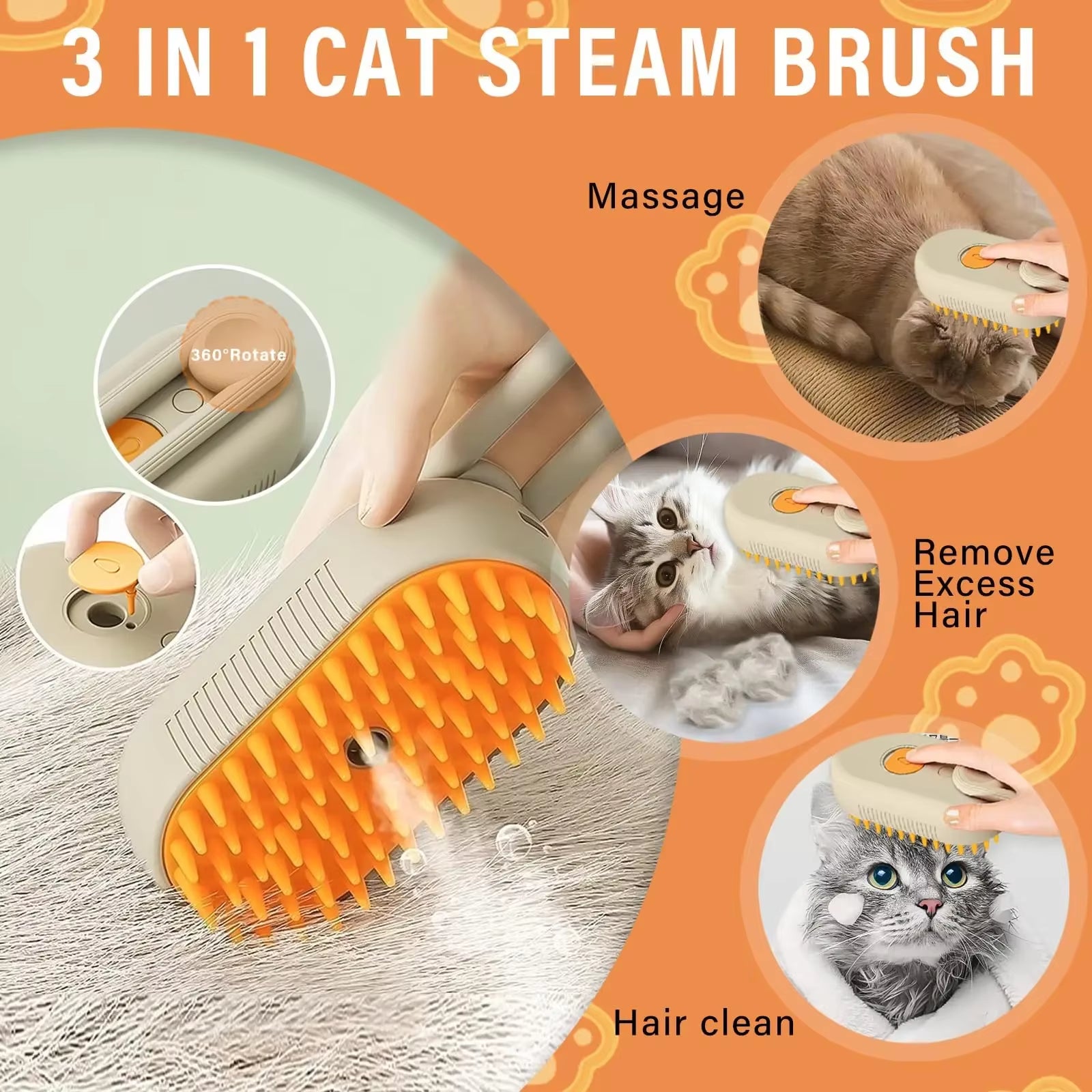 3 in 1 steam and water brush that Massages, Removes loose hair, & Cleans hair