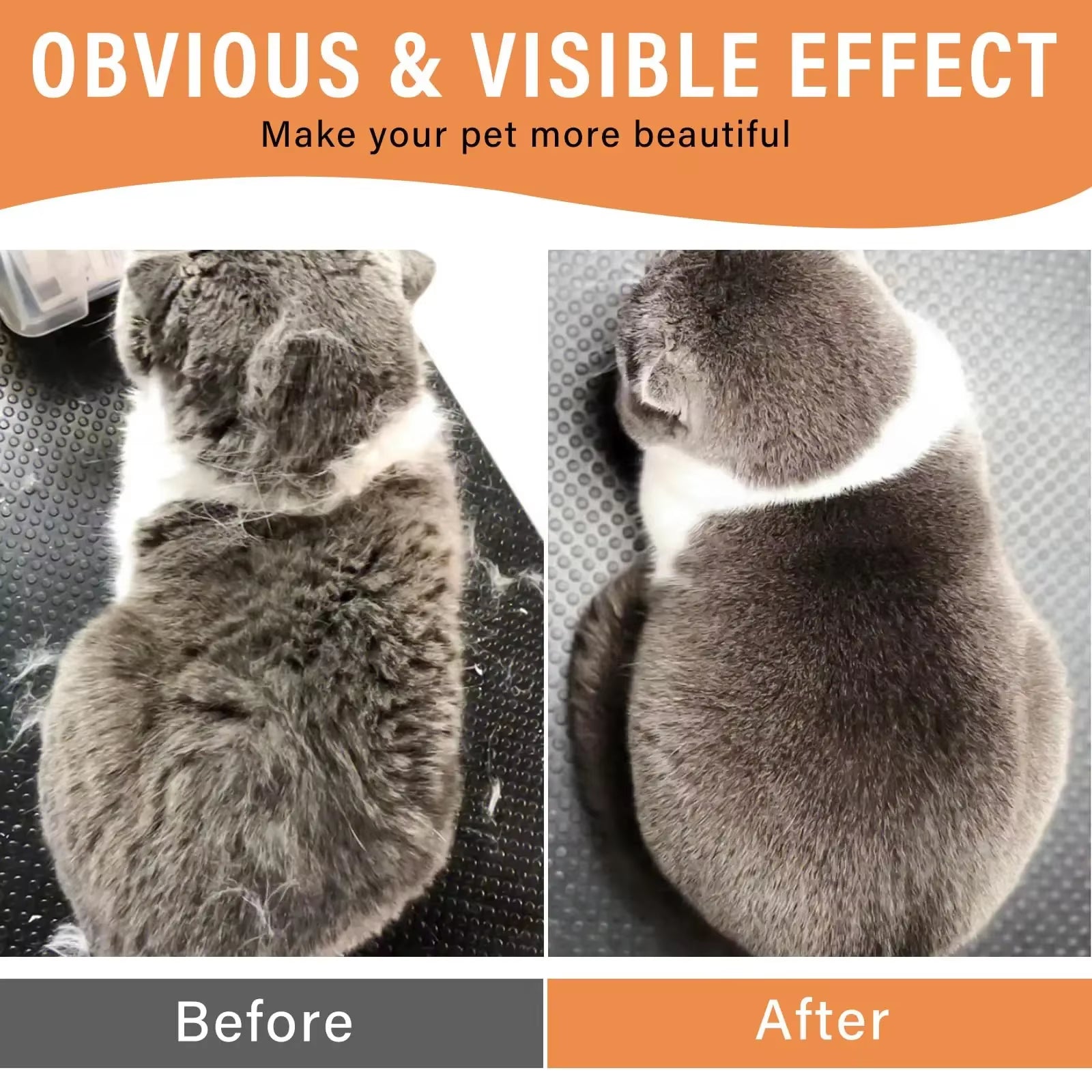 Before & after results using the steam and water spray pet brush